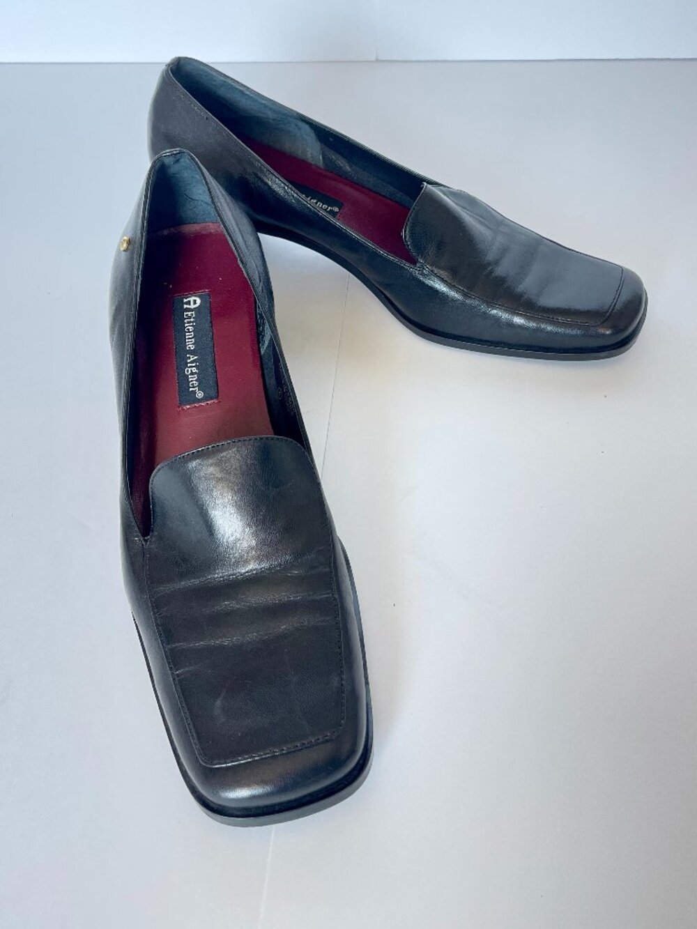 Etienne Aigner Status Black Leather Square Toe Block Heel Loafer Pumps Women 10M